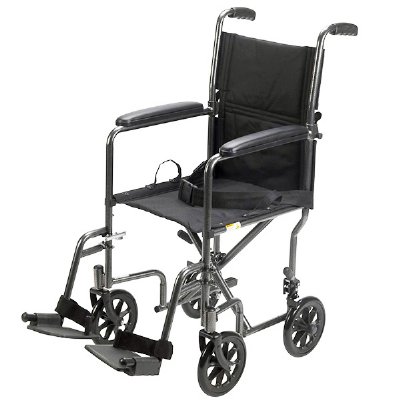 Drive Medical 19" Steel Transport Chair, Black Upholstery, Silver Vein Finish