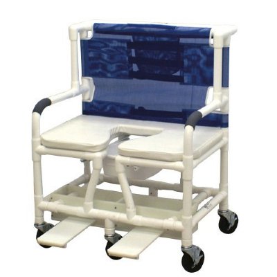 MJM 30"W PVC Bariatric Shower Chair w/Open Front Bariatric Soft Seat, 5" x 1 1/4" Heavy Duty Casters, Sliding Self Storing Footrest