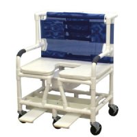 Show product details for MJM 30"W PVC Bariatric Shower Chair w/Open Front Bariatric Soft Seat, 5" x 1 1/4" Heavy Duty Casters, Sliding Self Storing Footrest