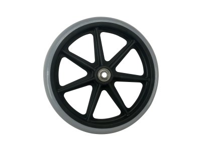 8" Wheel Complete, Black Rim w/ Grey Solid Tire, 5/16" Bearing, 7 Spoke, 1 3/4" Hub Width