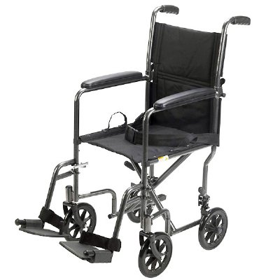 Drive Medical 17" Steel Transport Chair, Black Upholstery, Silver Vein Finish