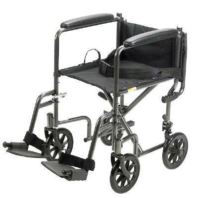 Drive Medical 19" Steel Transport Chair, Black Upholstery, Silver Vein Finish