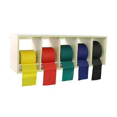 CanDo exercise band rack, plastic, 5 rolls, INCLUDING: 5 x 50 yard CanDo latex free set (yellow, red, green, blue, black)