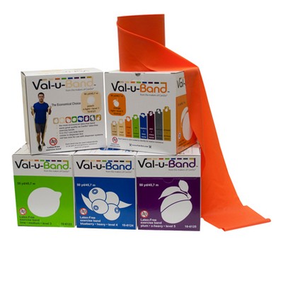 Val-u-Band Resistance Bands, Dispenser Roll, 50 Yds., 5-Piece Set, Peach, Orange, Lime, Blueberry, Plum, Latex-Free