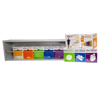 CanDo Dispens-a-Band exercise band rack, wood, INCLUDING: Val-u-Band - Latex-Free - Twin-Pak - 100 yard - 5 color set (2 - 50 yard boxes of each color: peach, orange, lime, blueberry, plum)