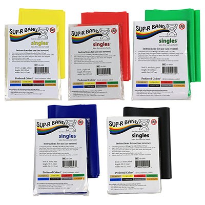 Sup-R Band Latex Free Exercise Band - 5 foot Singles, 5-piece set (1 each: yellow, red, green, blue, black)