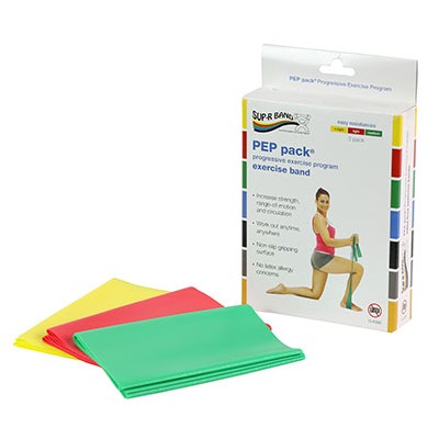 Sup-R Band Latex Free Exercise Band - PEP pack, 3-piece set (1 each: yellow, red, green)