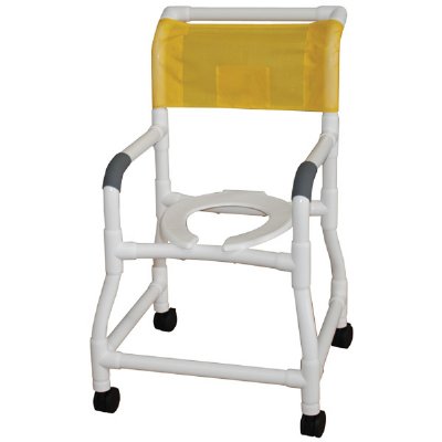PVC Shower Chair 18" Flared Stability w/4" wider base, flatstock seat w/drain holes, 3"x1-1/4" casters