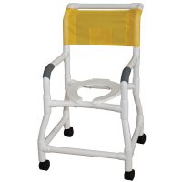 Show product details for PVC Shower Chair 18" Flared Stability w/4" wider base, flatstock seat w/drain holes, 3"x1-1/4" casters