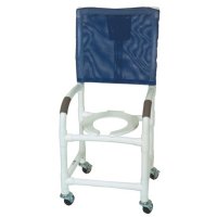 Show product details for 18" PVC Shower Chair High Back 3"x1-1/4" casters, flatstock seat w/ drain holes