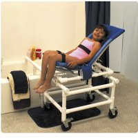 Show product details for MJM PVC Dual Shower/Transfer Chair Articulating w/One Step Locking System, 13 3/4" Internal Seat Width, 5" HD Casters