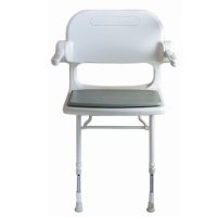 Show product details for AKW Wall Mounted Fold Up Compact Shower Chair, Padded Seat & Back w/Arms, Color Choice