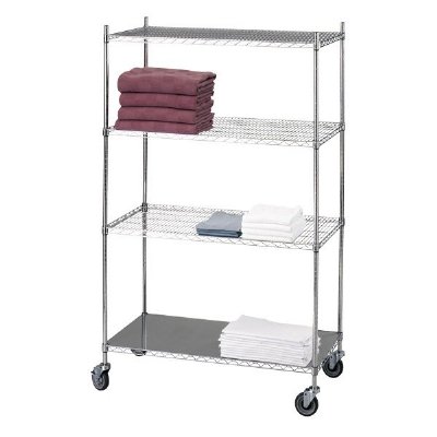 Linen Cart with 4 Shelves 24" Wide, Solid Bottom Shelf and Casters
