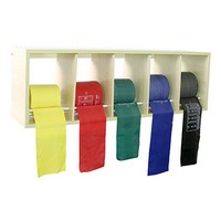 Show product details for CanDo exercise band rack, plastic, 5 rolls, INCLUDING: 5 x 50 yard CanDo AccuForce low powder set (yellow, red, green, blue, black)