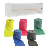 Show product details for CanDo Dispens-a-Band exercise band rack, wood, 5 rolls, INCLUDING: 5 x 50 yard TheraBand latex free set (yellow, red, green, blue, black)