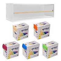 Show product details for CanDo Dispens-a-Band exercise band rack, wood, 5 rolls, INCLUDING: 5 x 50 yard REP Band latex free set (peach, orange, lime, blueberry, plum)