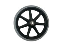 Show product details for 8" Wheel Complete, Black Rim w/ Grey Solid Tire, 5/16" Bearing, 7 Spoke, 1 3/4" Hub Width