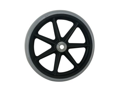 8" Wheel Complete, Black Rim w/ Grey Solid Tire, 7/16" Bearing, 7 Spoke, 1 3/4" Hub Width