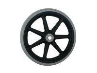 Show product details for 8" Wheel Complete, Black Rim w/ Grey Solid Tire, 7/16" Bearing, 7 Spoke, 1 3/4" Hub Width